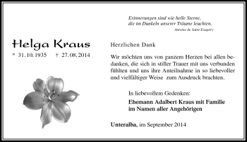 Traueranzeige von Helga Kraus von Südthüringer Presse