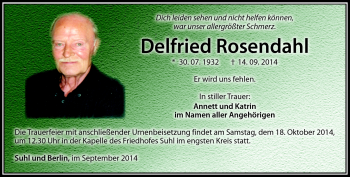 Traueranzeige von Delfried Rosenthal von Südthüringer Presse