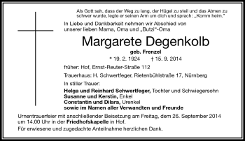Traueranzeige von Margarete Degenkolb von Frankenpost