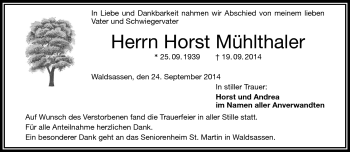 Traueranzeige von Horst Mühlthaler von Frankenpost