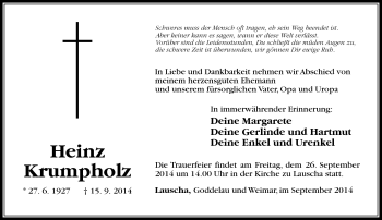 Traueranzeige von Heinz Krumpholz von Südthüringer Presse
