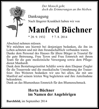 Traueranzeige von Manfred Büchner von Südthüringer Presse