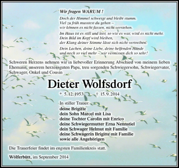 Traueranzeige von Dieter Wolfsdorf von Südthüringer Presse