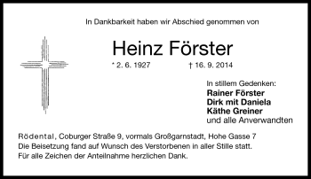 Traueranzeige von Heinz Förster von Neue Presse Coburg