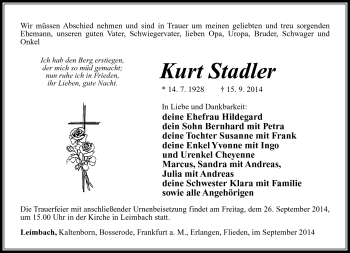 Traueranzeige von Kurt Stadler von Südthüringer Presse