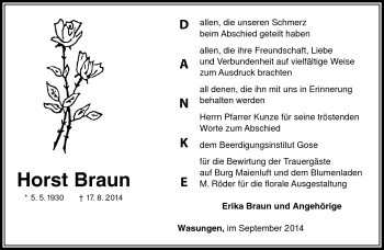 Traueranzeige von Horst Braun von Südthüringer Presse