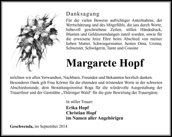 Traueranzeige von Margarete Hopf von Südthüringer Presse