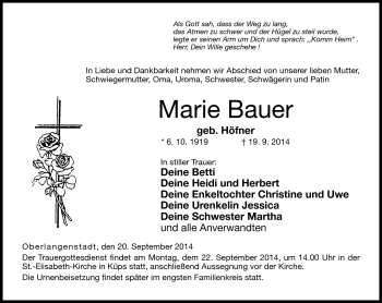 Traueranzeige von Marie Bauer von Neue Presse Coburg