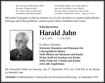 Traueranzeige von Harald Jahn von Südthüringer Presse