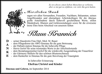 Traueranzeige von Klaus Krannich von Südthüringer Presse