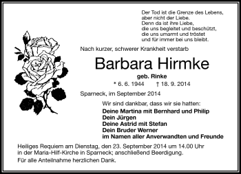 Traueranzeige von Barbara Hirmke von Frankenpost