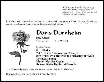 Traueranzeige von Doris Dornheim von Südthüringer Presse