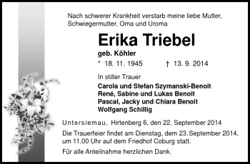 Traueranzeige von Erika Triebel von Neue Presse Coburg