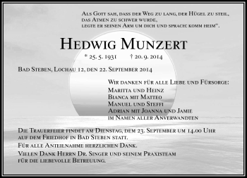 Traueranzeige von Hedwig Munzert von Frankenpost