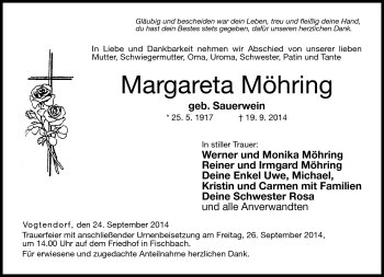 Traueranzeige von Margareta Möhring von Neue Presse Coburg