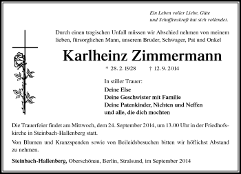Traueranzeige von Karlheinz Zimmermann von Südthüringer Presse