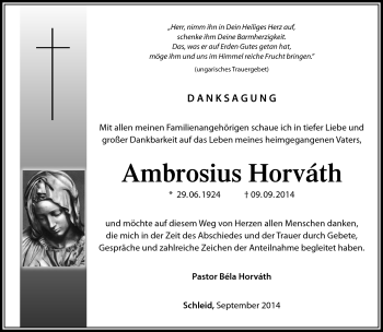 Traueranzeige von Ambrosius Horváth von Südthüringer Presse