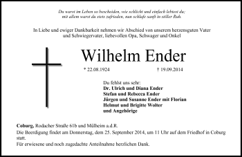 Traueranzeige von Wilhelm Ender von Neue Presse Coburg