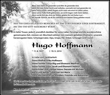 Traueranzeige von Hugo Hoffmann von Südthüringer Presse