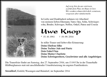Traueranzeige von Uwe Knop von Südthüringer Presse