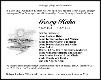 Traueranzeige von Georg Hahn von Südthüringer Presse