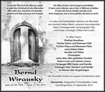 Traueranzeige von Bernd Wirausky von Südthüringer Presse