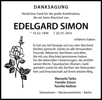 Traueranzeige von Edelgard Simon von Neue Presse Coburg
