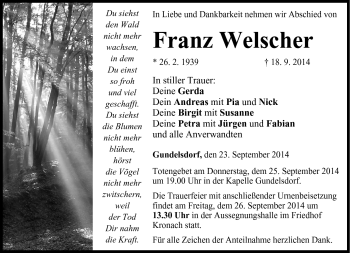 Traueranzeige von Franz Welscher von Neue Presse Coburg