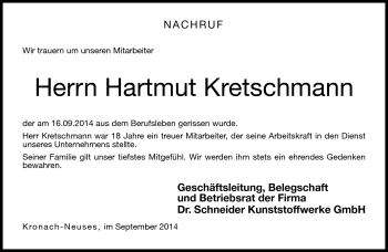 Traueranzeige von Hartmut Kretschmann von Neue Presse Coburg