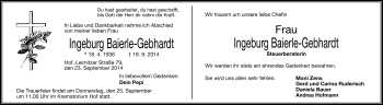 Traueranzeige von Ingeburg Baierle-Gebhardt von Frankenpost