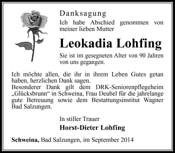 Traueranzeige von Leokadia Lohfing von Südthüringer Presse