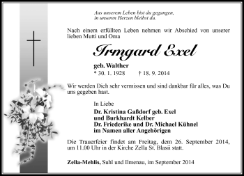 Traueranzeige von Irmgard Exel von Südthüringer Presse