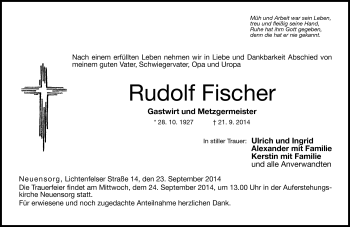 Traueranzeige von Rudolf Fischer von Neue Presse Coburg