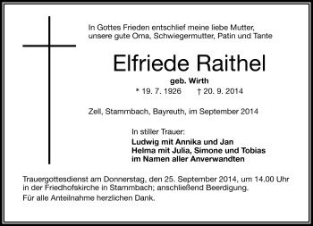 Traueranzeige von Elfriede Raithel von Frankenpost