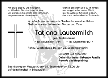 Traueranzeige von Tatjana Lautermilch von Frankenpost