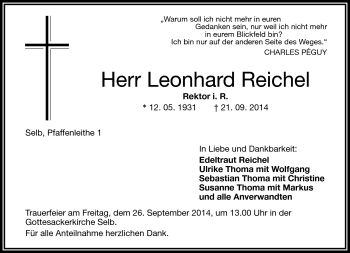 Traueranzeige von Leonhard Reichel von Frankenpost
