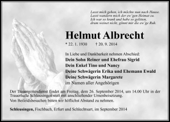 Traueranzeige von Helmut Albrecht von Südthüringer Presse