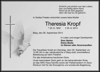 Traueranzeige von Theresia Kropf von Frankenpost