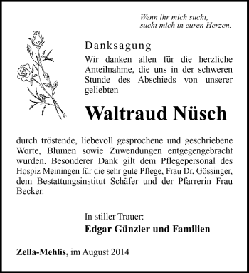Traueranzeige von Waltraud Nüsch von Südthüringer Presse