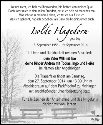Traueranzeige von Isolde Hagedorn von Südthüringer Presse