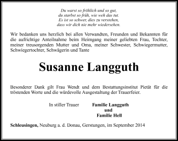 Traueranzeige von Susanne Langguth von Südthüringer Presse