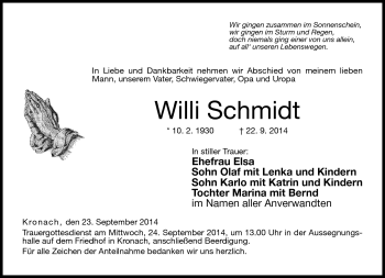 Traueranzeige von Willi Schmidt von Neue Presse Coburg