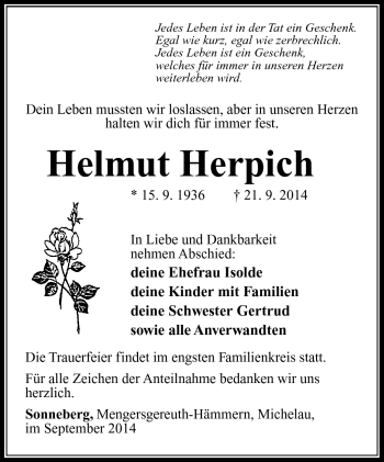 Traueranzeige von Helmut Herpich von Südthüringer Presse