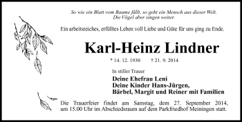 Traueranzeige von Karl-Heinz Lindner von Südthüringer Presse