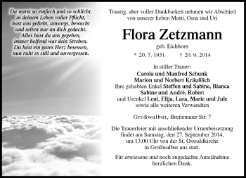 Traueranzeige von Flora Zetzmann von Neue Presse Coburg