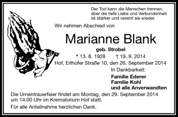 Traueranzeige von Marianne Blank von Frankenpost