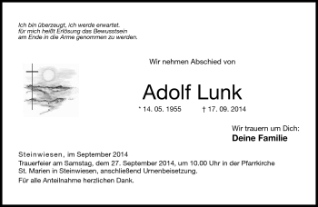 Traueranzeige von Adolf Lunk von Neue Presse Coburg