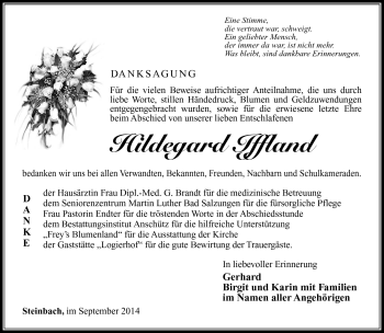 Traueranzeige von Hildegard Iffland von Südthüringer Presse