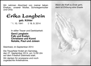 Traueranzeige von Erika Langbein von Südthüringer Presse