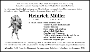 Traueranzeige von Heinrich Müller von Südthüringer Presse